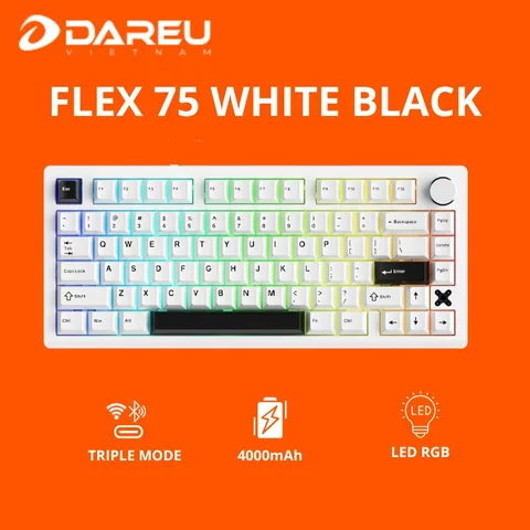 BÀN PHÍM MÁY TÍNH DAREU FLEX 75 WHITE BLACK (2.4GHz / Bluetooth / Có dây)