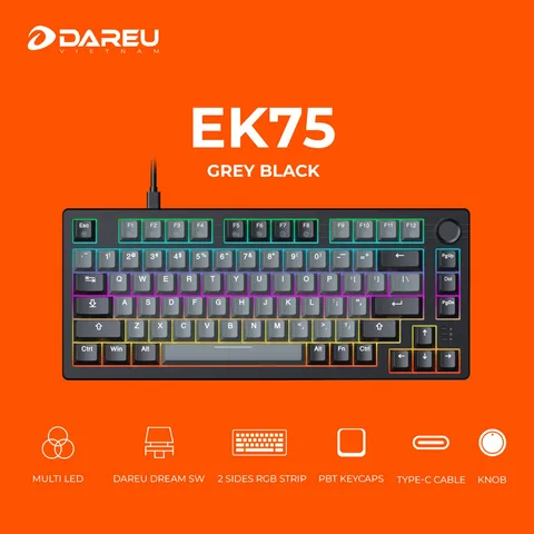 Bàn phím cơ Gaming DAREU EK75 GREY BLACK (2 sides RGB strip, Multi-Led, PBT Double Shot OEM profile, DareU DREAM sw)