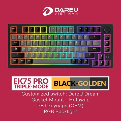🎁🎁🎁 Tặng kèm bàn di ESP119 Orange - Bàn phím cơ không dây DAREU EK75 PRO - BLACK GOLDEN (Triple Mode, Gasket Mount, RGB)